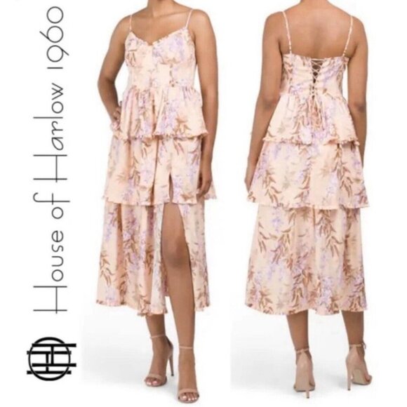 NEW! House of Harlow Ponte Bustier Lace-up-back Tiered Maxi Dress Linen SZ S - Picture 5 of 11